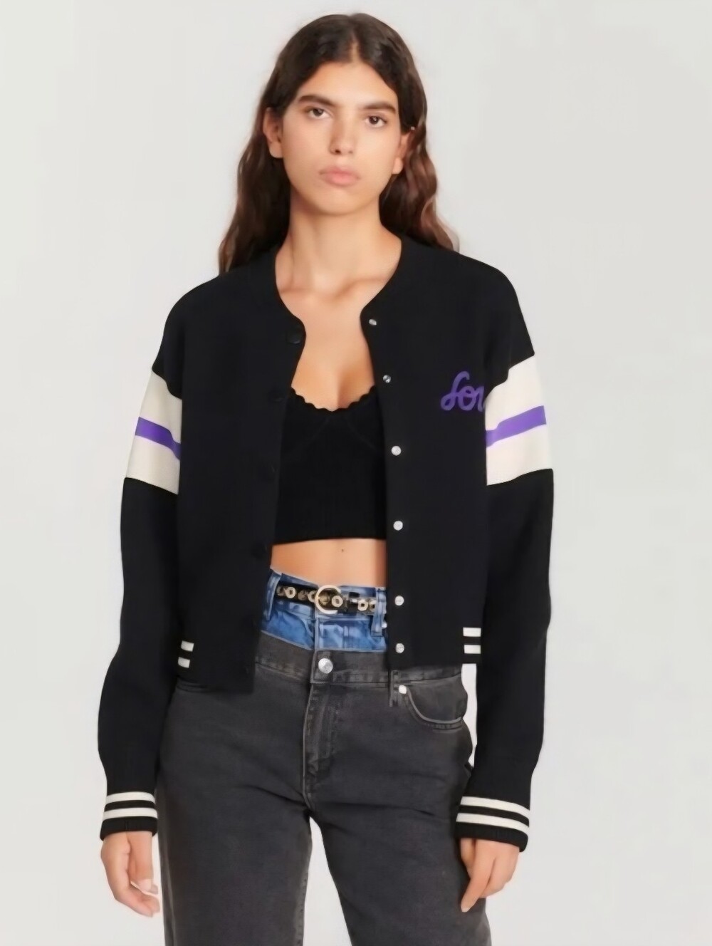 SANDRO Knit Teddy-Style Varsity Cardigan – Black & Purple size 0